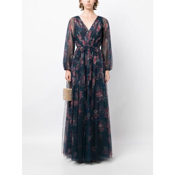 Marchesa Notte Dark Purple Sheer Rose Floral Plunging...